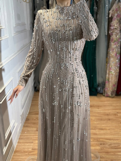 Luxury Modest  Pink Beaded Long Sleeve High Neck A Line Evening Dress LA73363