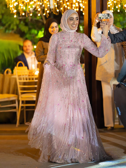 Luxury Modest  Pink Beaded Long Sleeve High Neck A Line Evening Dress LA73363