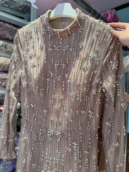 Luxury Modest  Pink Beaded Long Sleeve High Neck A Line Evening Dress LA73363