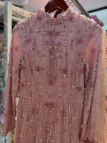 Luxury Modest  Pink Beaded Long Sleeve High Neck A Line Evening Dress LA73363