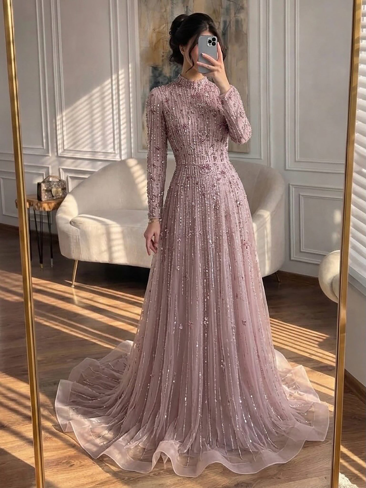 Luxury Modest  Pink Beaded Long Sleeve High Neck A Line Evening Dress LA73363