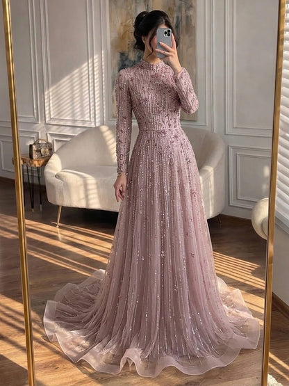 Luxury Modest  Pink Beaded Long Sleeve High Neck A Line Evening Dress LA73363