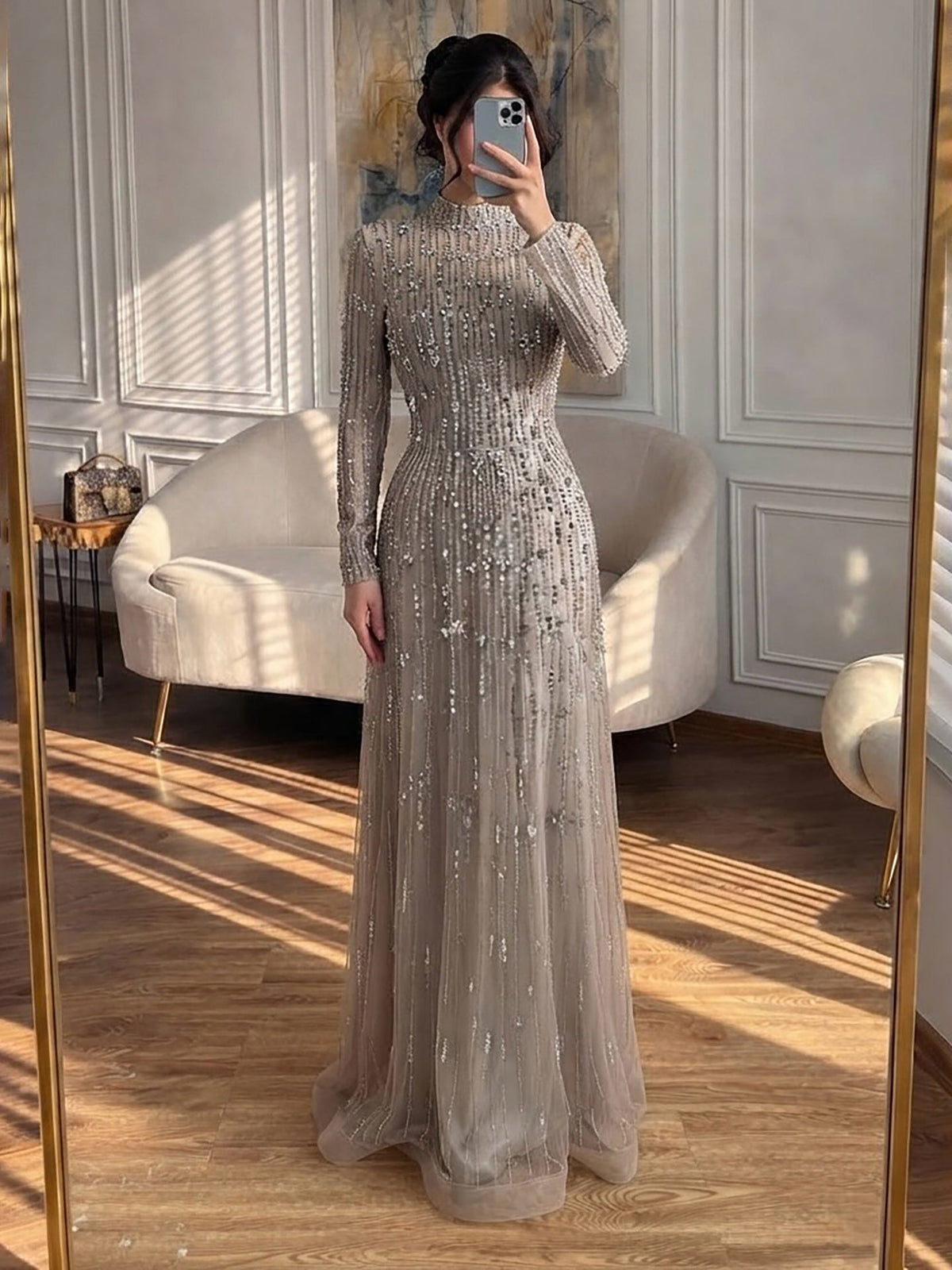 Luxury Modest  Pink Beaded Long Sleeve High Neck A Line Evening Dress LA73363
