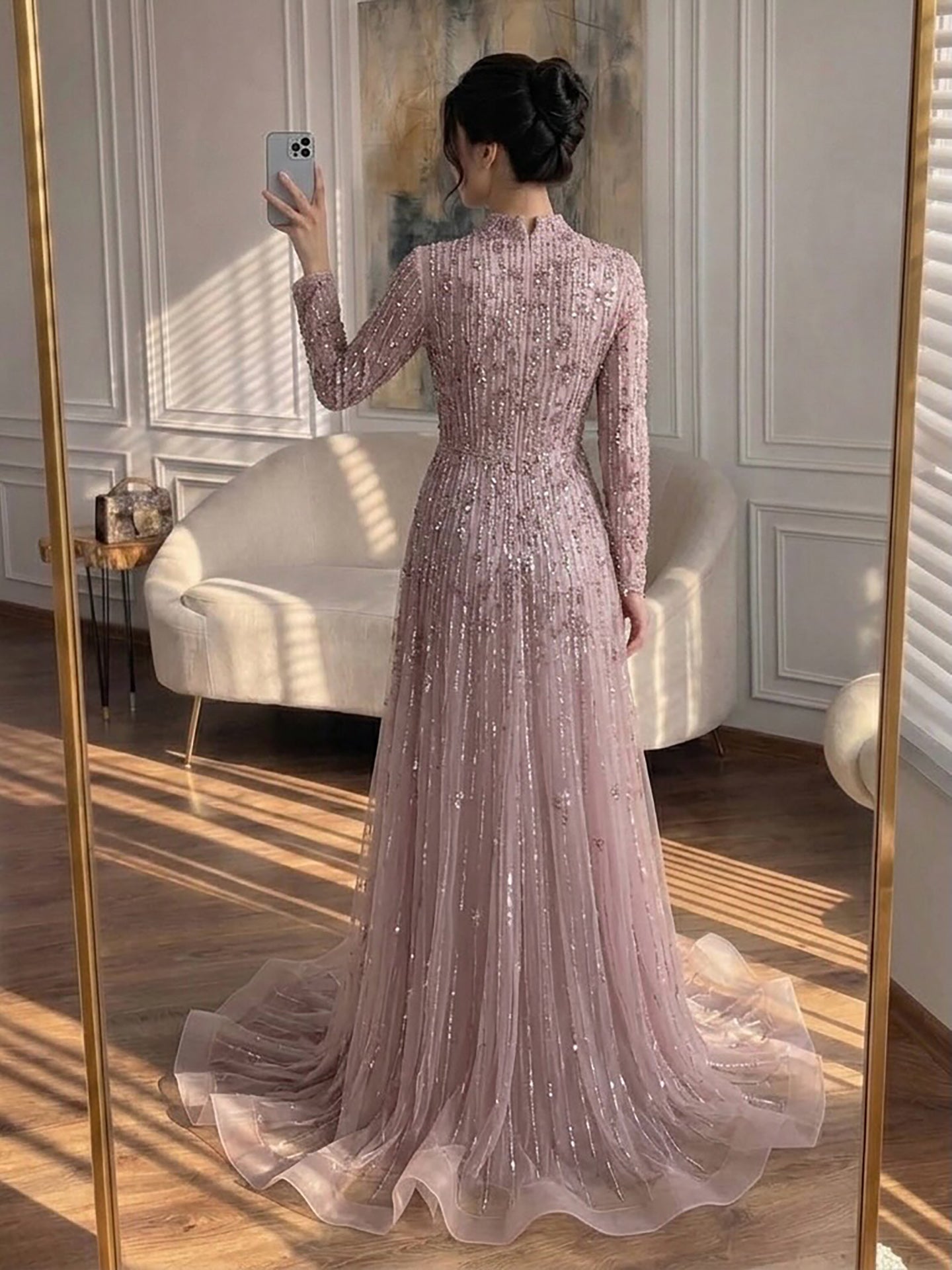 Luxury Modest  Pink Beaded Long Sleeve High Neck A Line Evening Dress LA73363