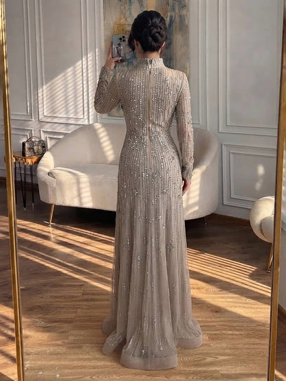 Luxury Modest  Pink Beaded Long Sleeve High Neck A Line Evening Dress LA73363