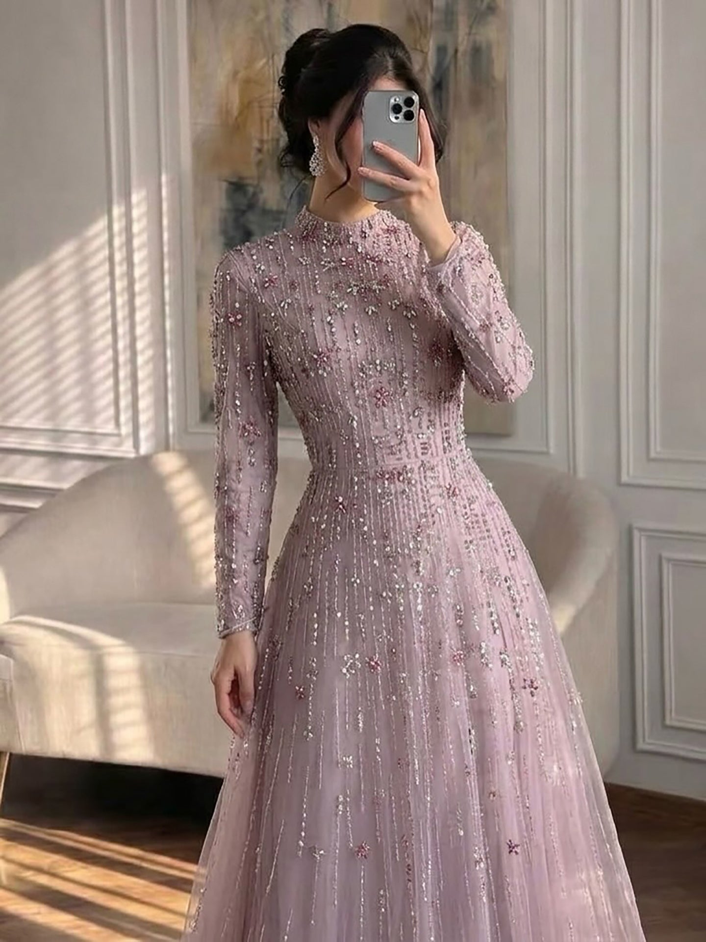 Luxury Modest  Pink Beaded Long Sleeve High Neck A Line Evening Dress LA73363