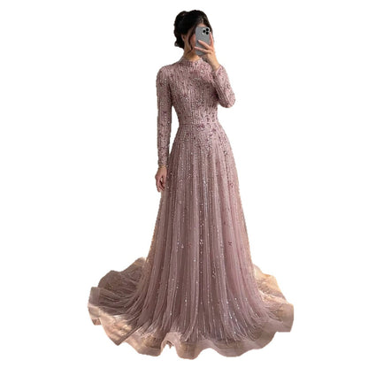Luxury Modest  Pink Beaded Long Sleeve High Neck A Line Evening Dress LA73363