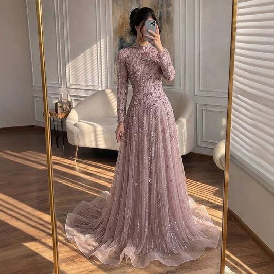 Luxury Modest  Pink Beaded Long Sleeve High Neck A Line Evening Dress LA73363