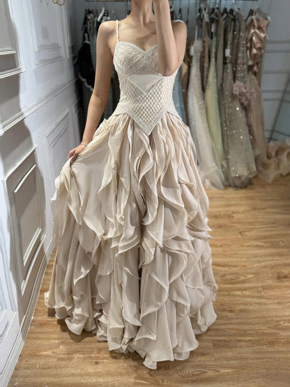 Elegant Beige Beaded A-Line Evening Dress with Ruffle Tiered Skirt LA73368