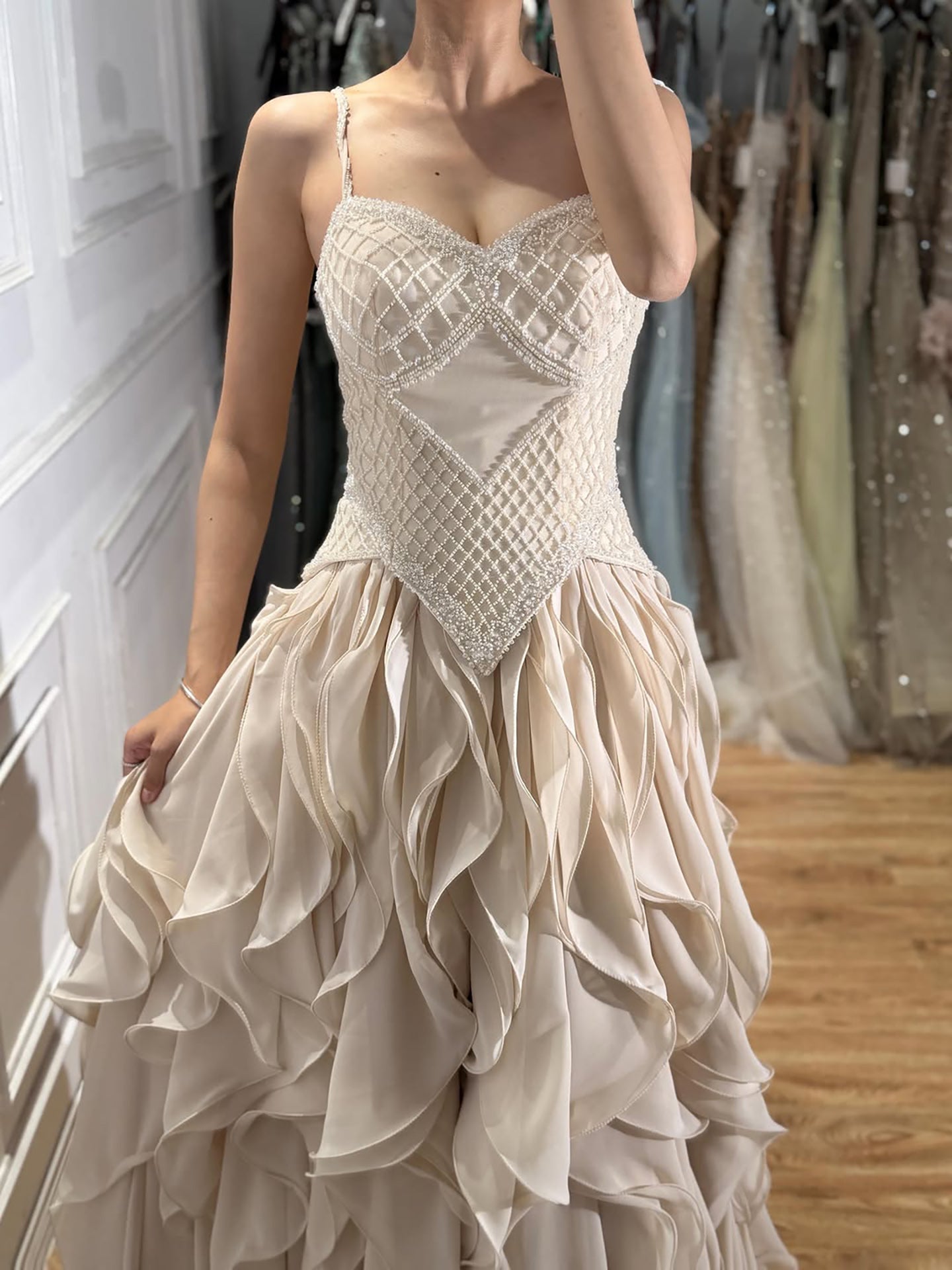 Elegant Beige Beaded A-Line Evening Dress with Ruffle Tiered Skirt LA73368