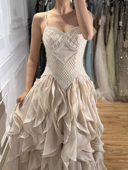 Elegant Beige Beaded A-Line Evening Dress with Ruffle Tiered Skirt LA73368