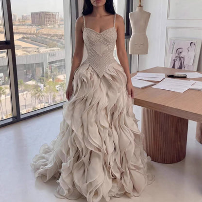 Elegant Beige Beaded A-Line Evening Dress with Ruffle Tiered Skirt LA73368