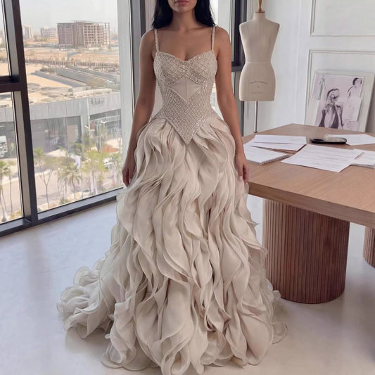 Elegant Beige Beaded A-Line Evening Dress with Ruffle Tiered Skirt LA73368