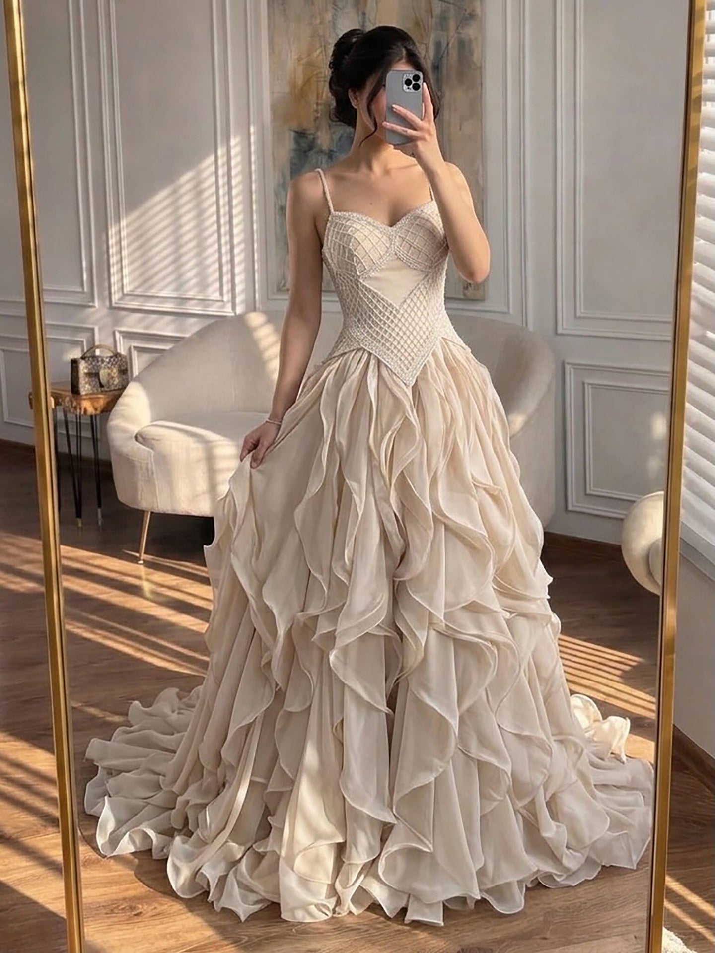 Elegant Beige Beaded A-Line Evening Dress with Ruffle Tiered Skirt LA73368
