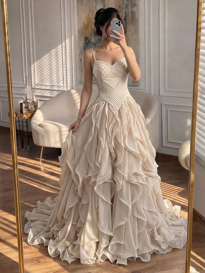 Elegant Beige Beaded A-Line Evening Dress with Ruffle Tiered Skirt LA73368