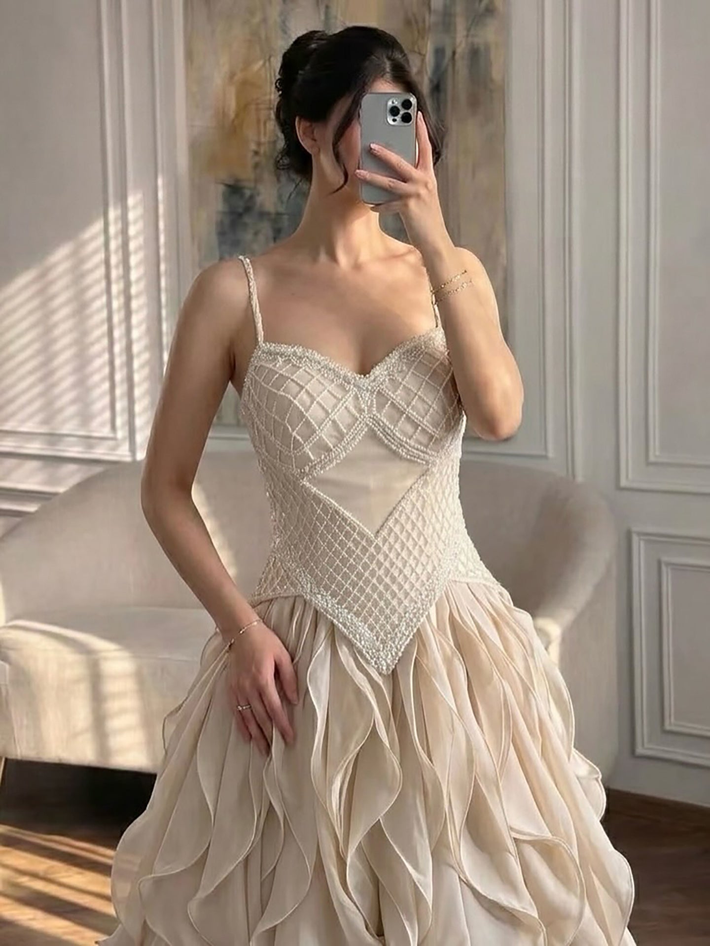 Elegant Beige Beaded A-Line Evening Dress with Ruffle Tiered Skirt LA73368
