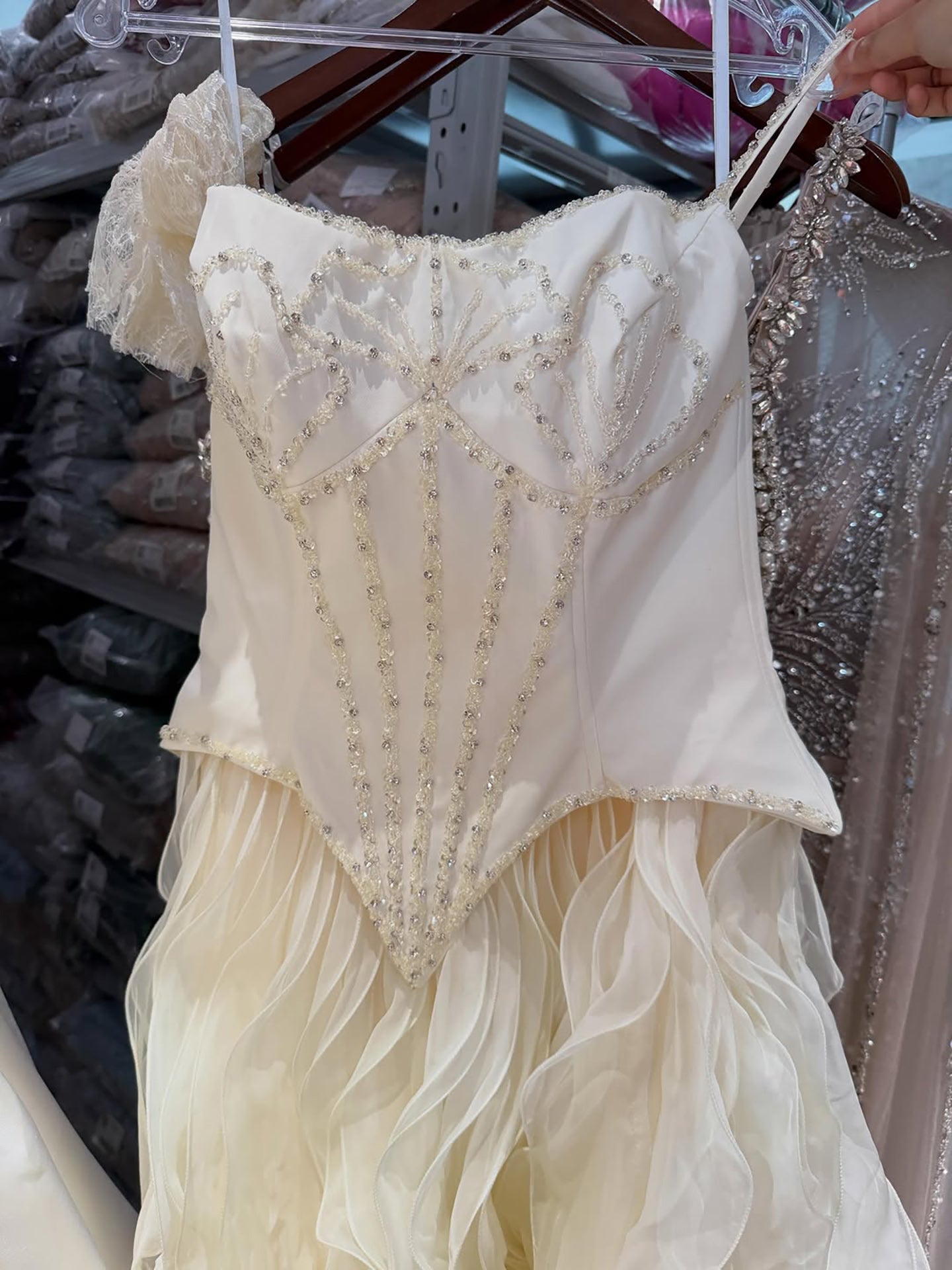 Gray Beaded Mermaid Corset Evening Dress with Gloves LA73368A