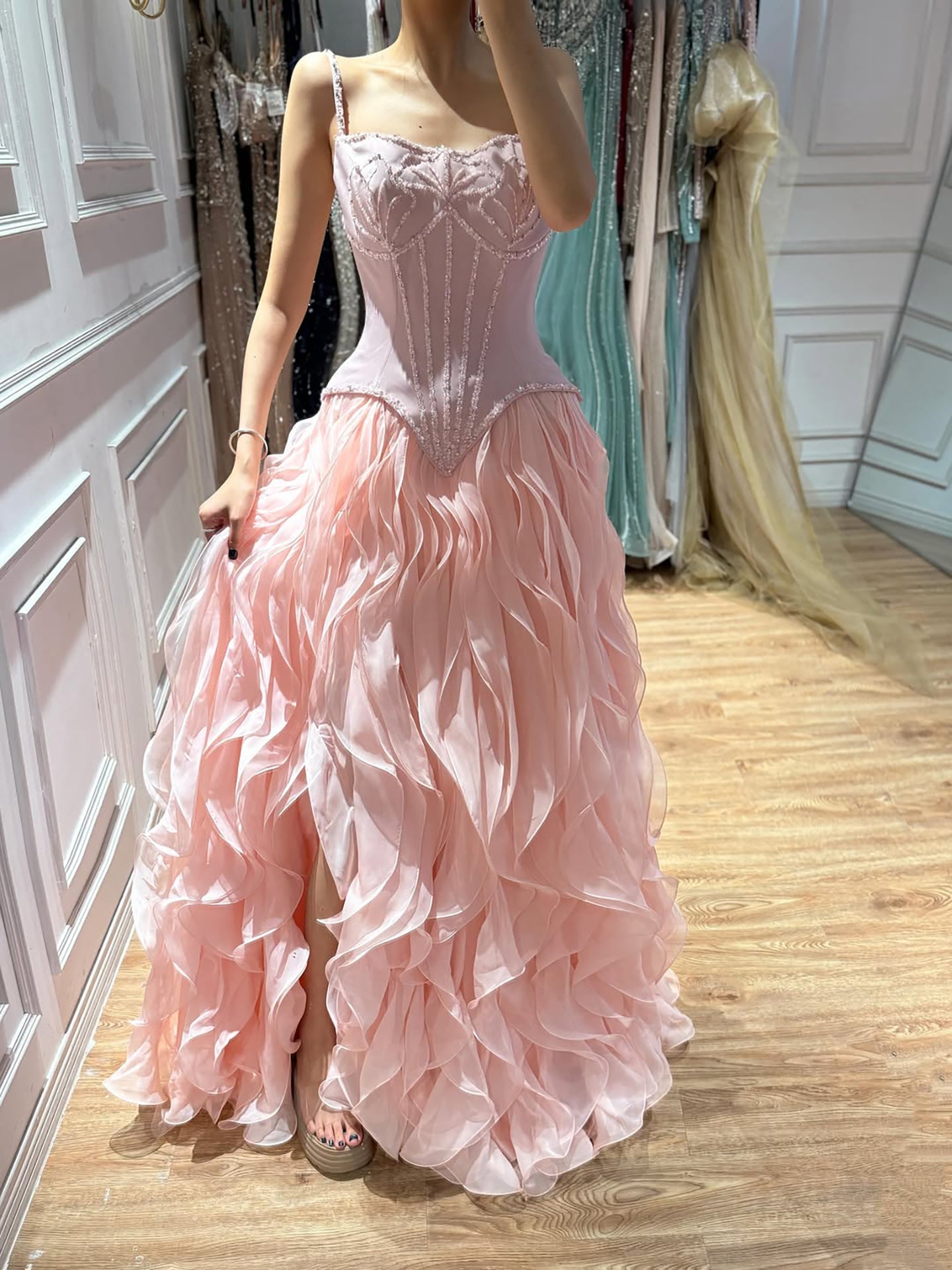 Gray Beaded Mermaid Corset Evening Dress with Gloves LA73368A