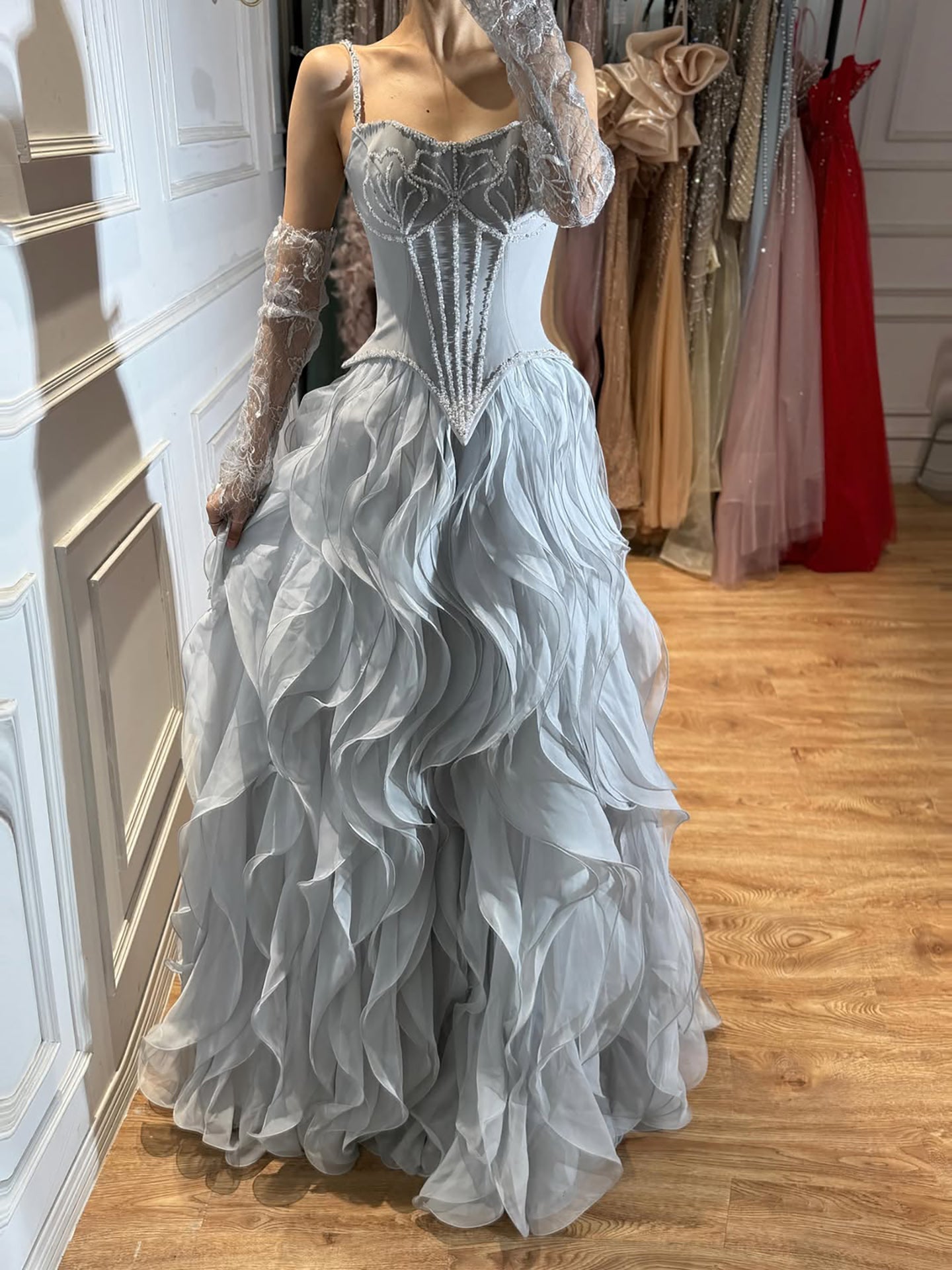Gray Beaded Mermaid Corset Evening Dress with Gloves LA73368A