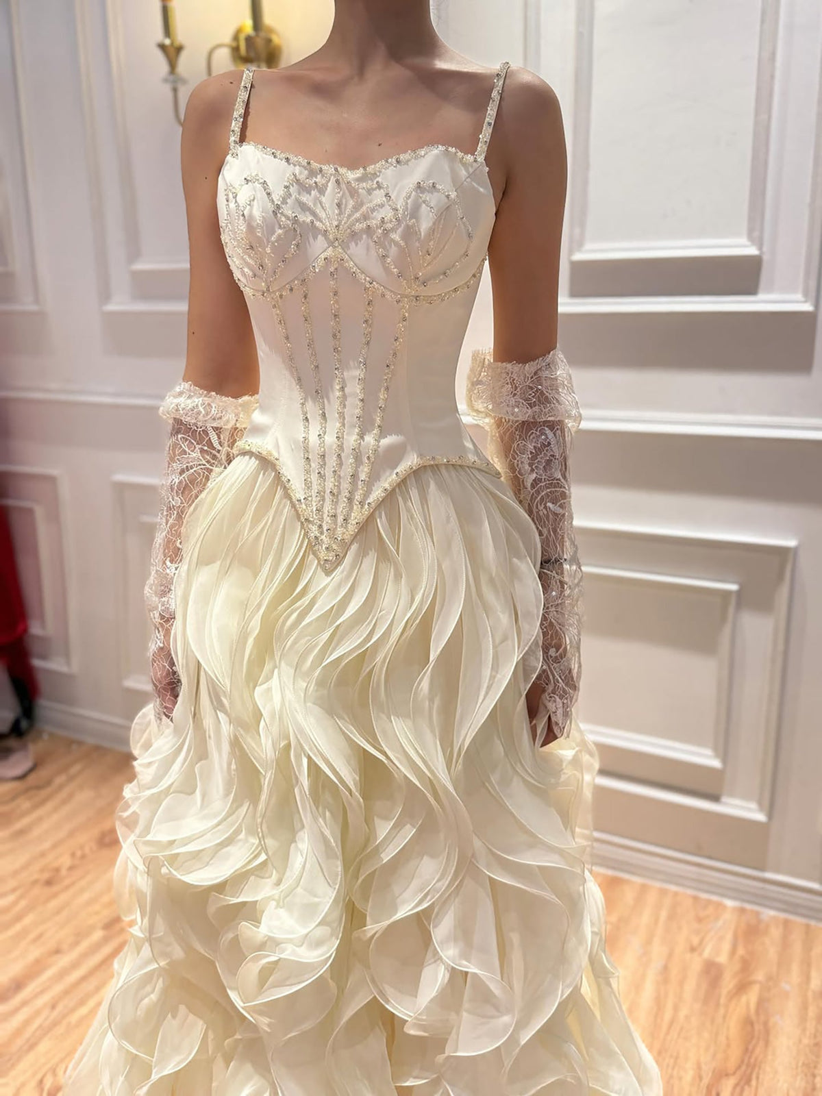 Gray Beaded Mermaid Corset Evening Dress with Gloves LA73368A