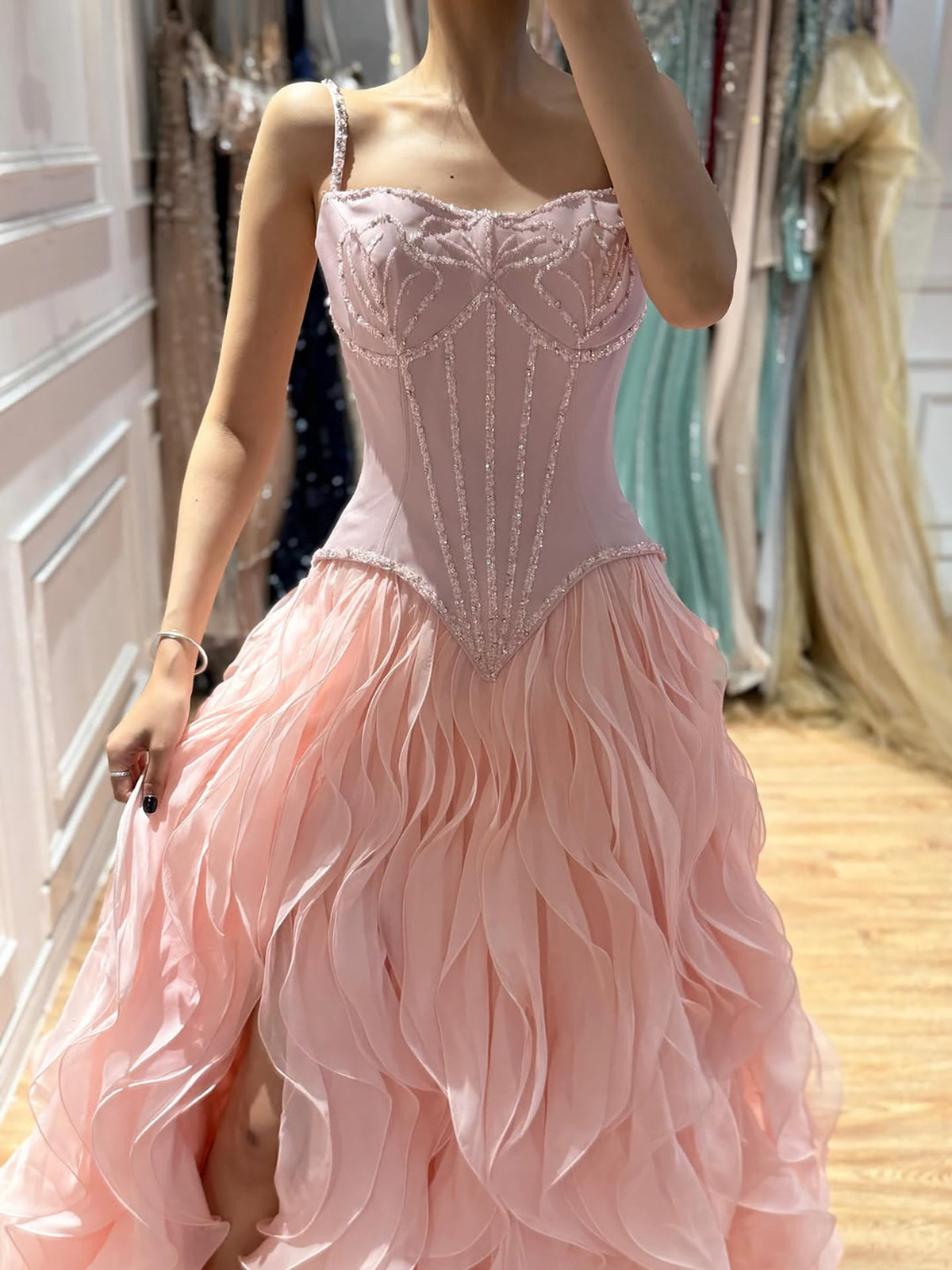 Gray Beaded Mermaid Corset Evening Dress with Gloves LA73368A
