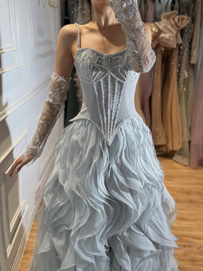Gray Beaded Mermaid Corset Evening Dress with Gloves LA73368A