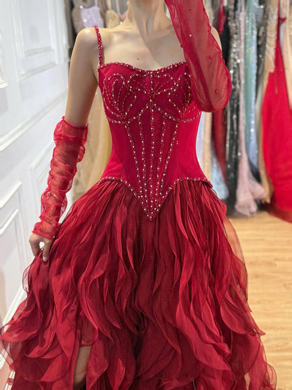Gray Beaded Mermaid Corset Evening Dress with Gloves LA73368A
