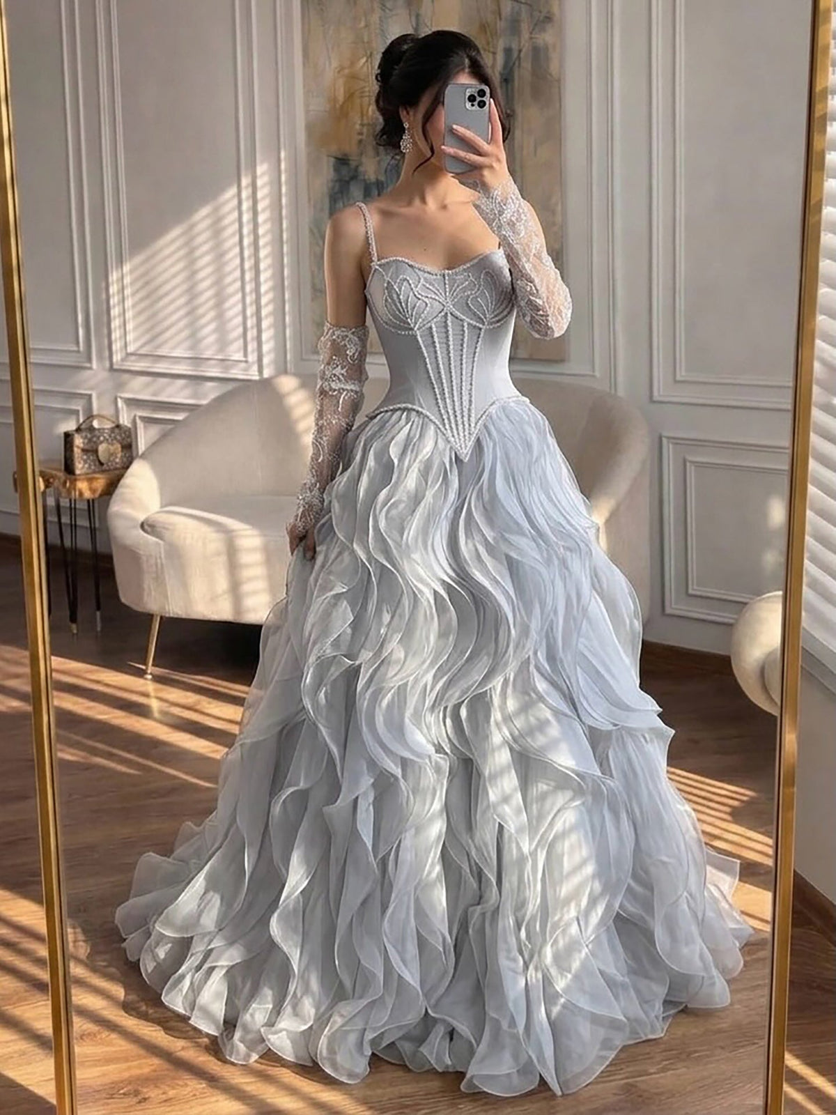 Gray Beaded Mermaid Corset Evening Dress with Gloves LA73368A