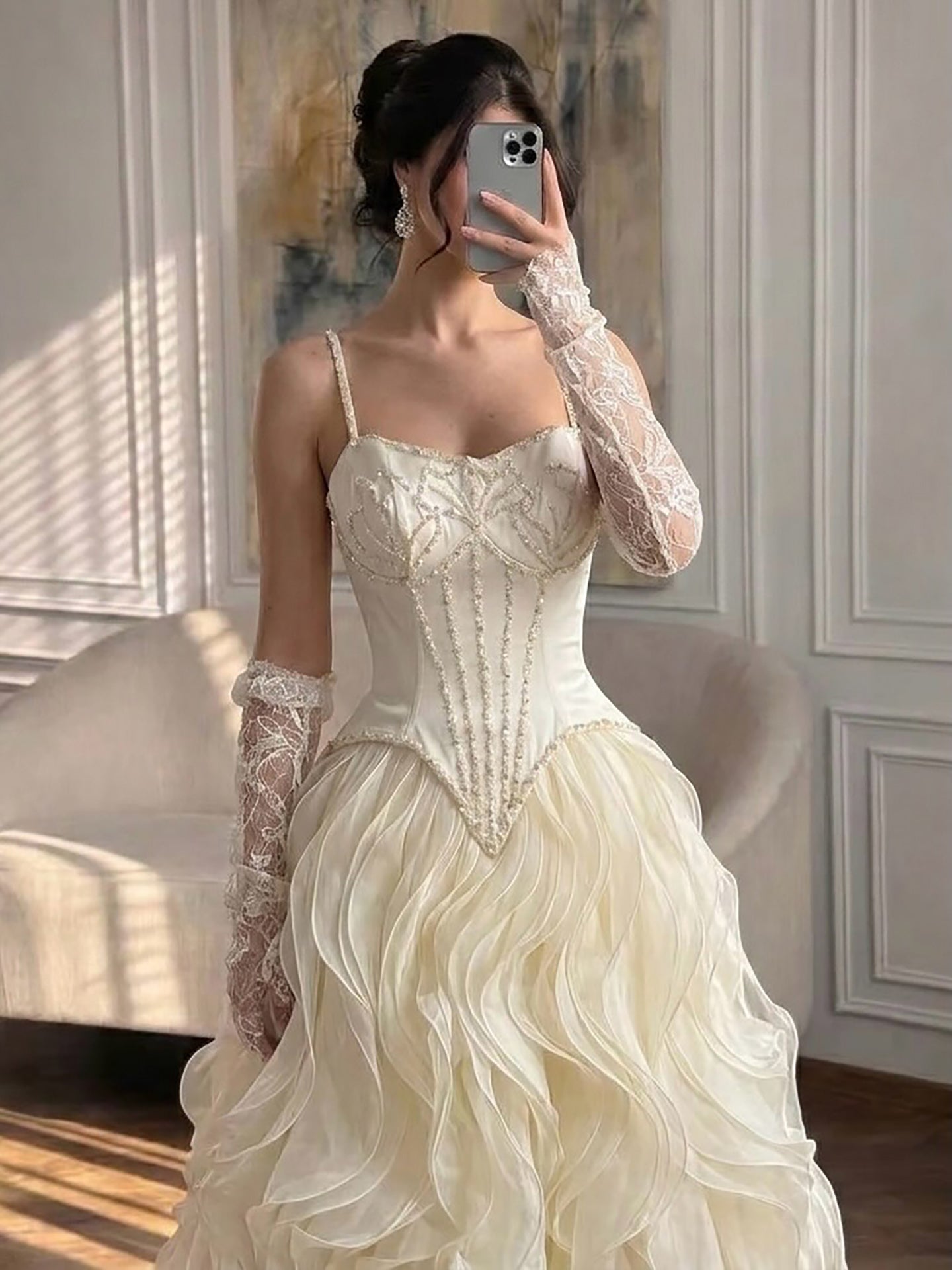 Gray Beaded Mermaid Corset Evening Dress with Gloves LA73368A