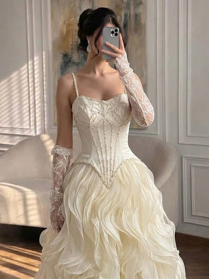Gray Beaded Mermaid Corset Evening Dress with Gloves LA73368A
