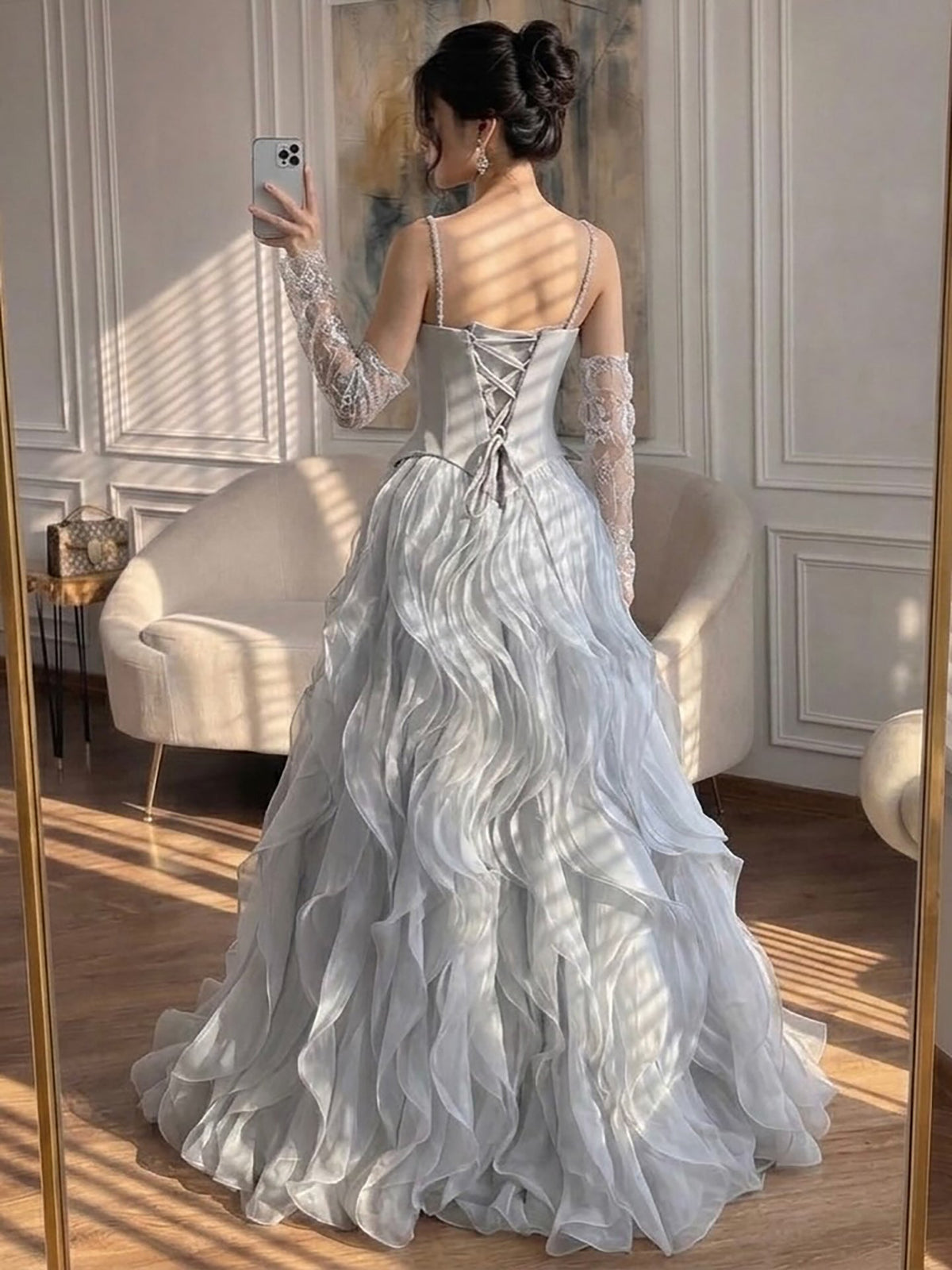 Gray Beaded Mermaid Corset Evening Dress with Gloves LA73368A