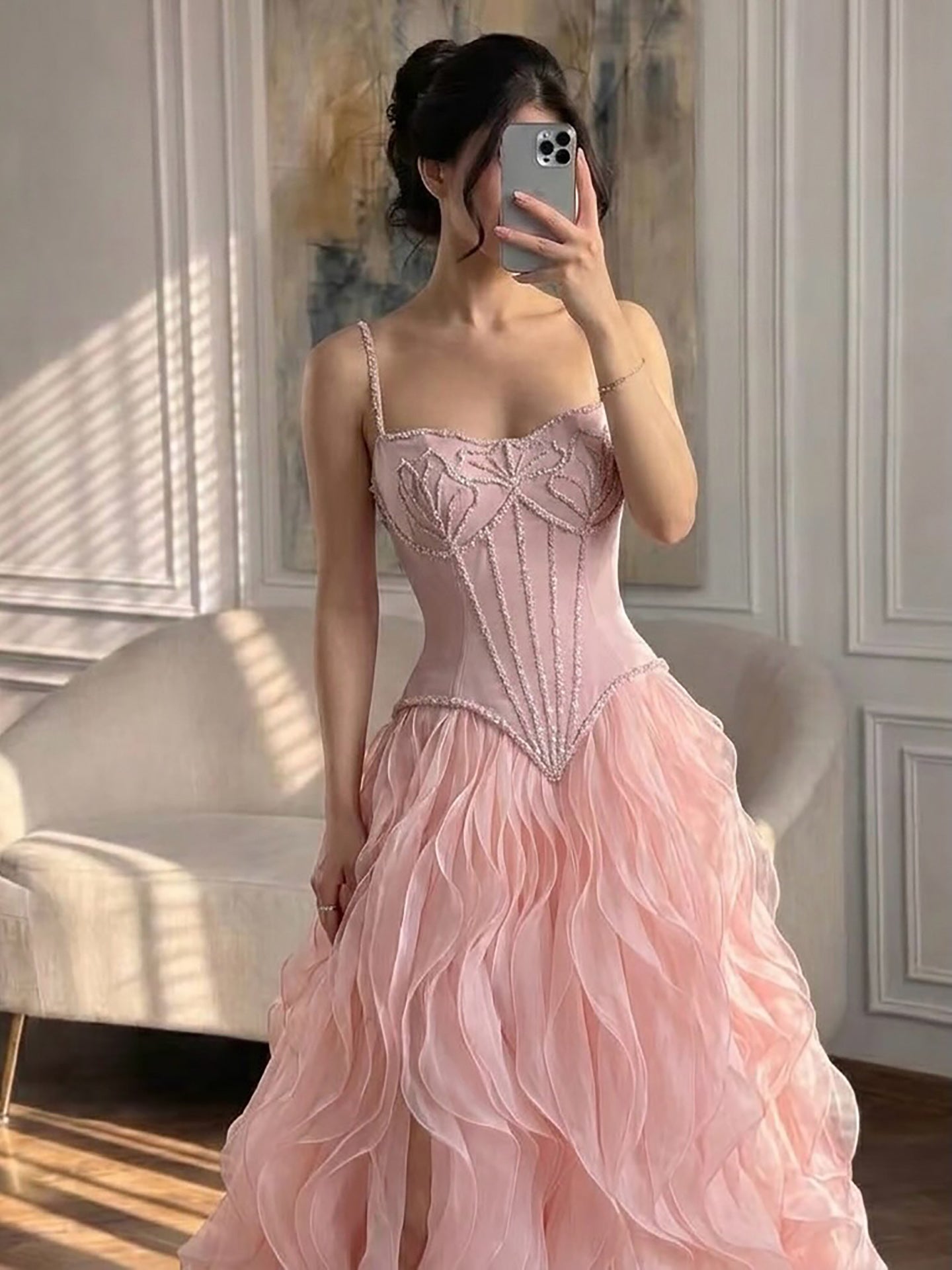 Gray Beaded Mermaid Corset Evening Dress with Gloves LA73368A