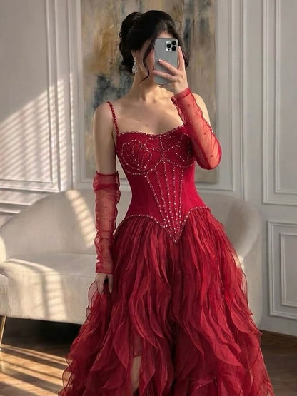 Gray Beaded Mermaid Corset Evening Dress with Gloves LA73368A