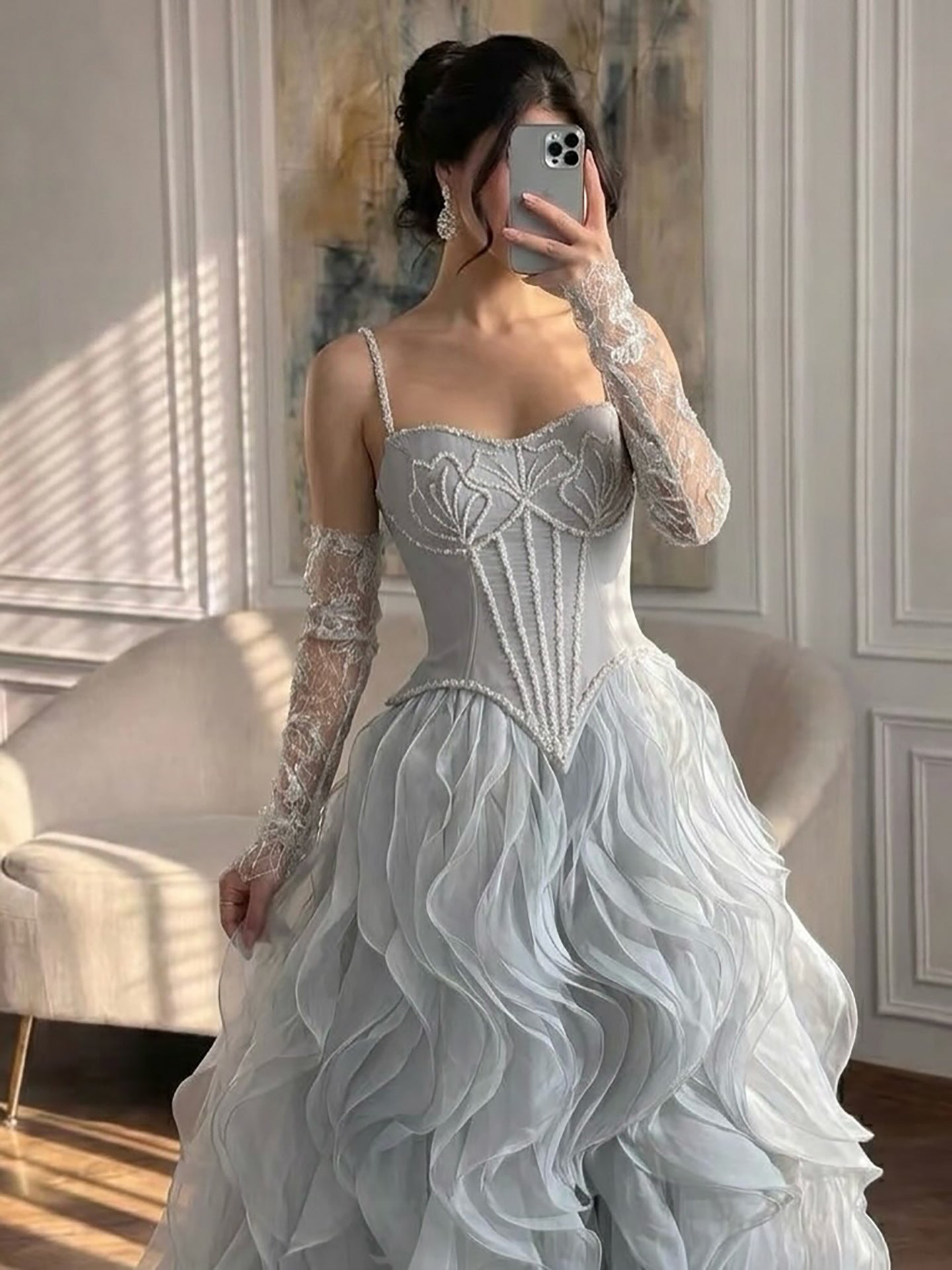 Gray Beaded Mermaid Corset Evening Dress with Gloves LA73368A