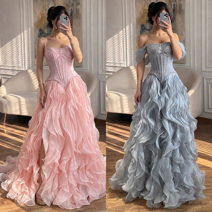Elegant Pink Beaded Corset Ruffled Evening Gown with Slit LA73368B