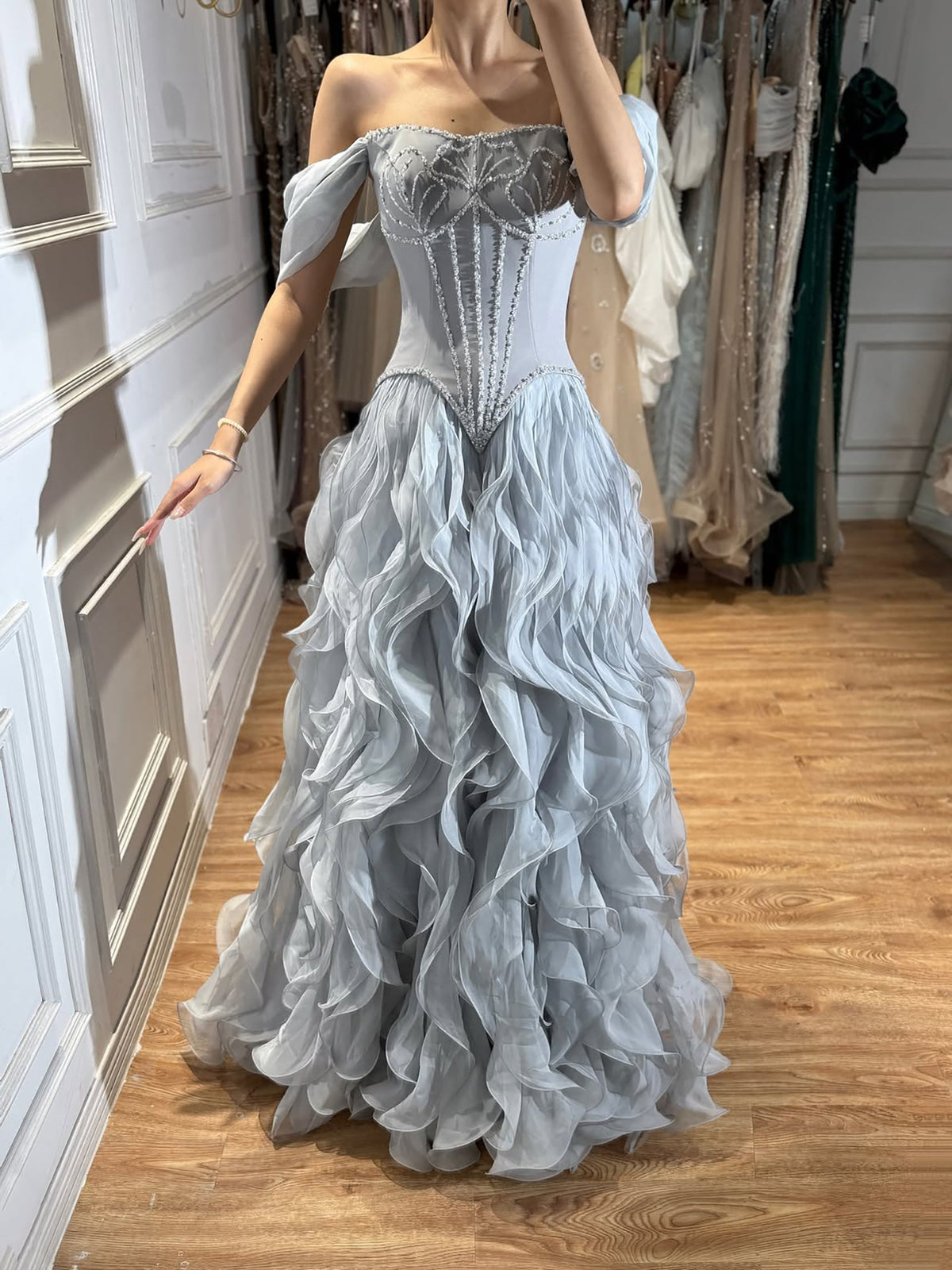 Elegant Pink Beaded Corset Ruffled Evening Gown with Slit LA73368B
