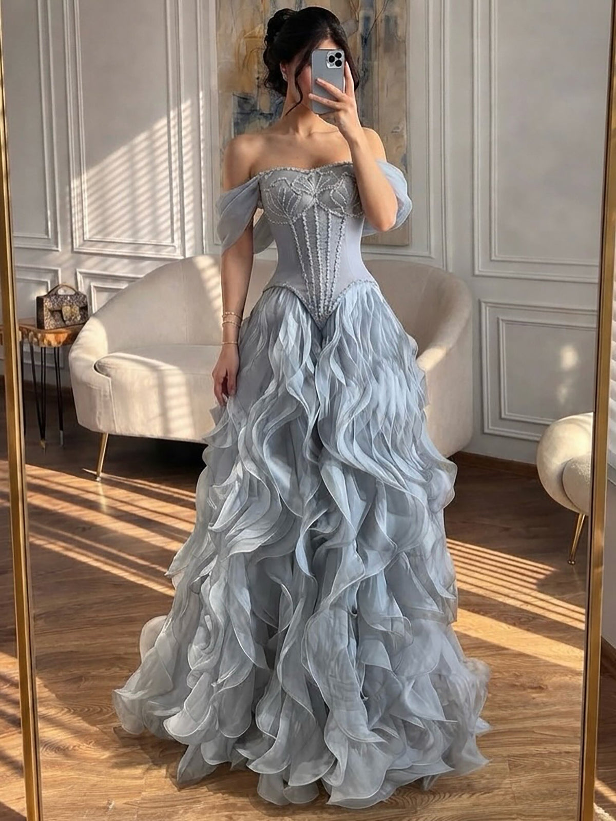 Elegant Pink Beaded Corset Ruffled Evening Gown with Slit LA73368B