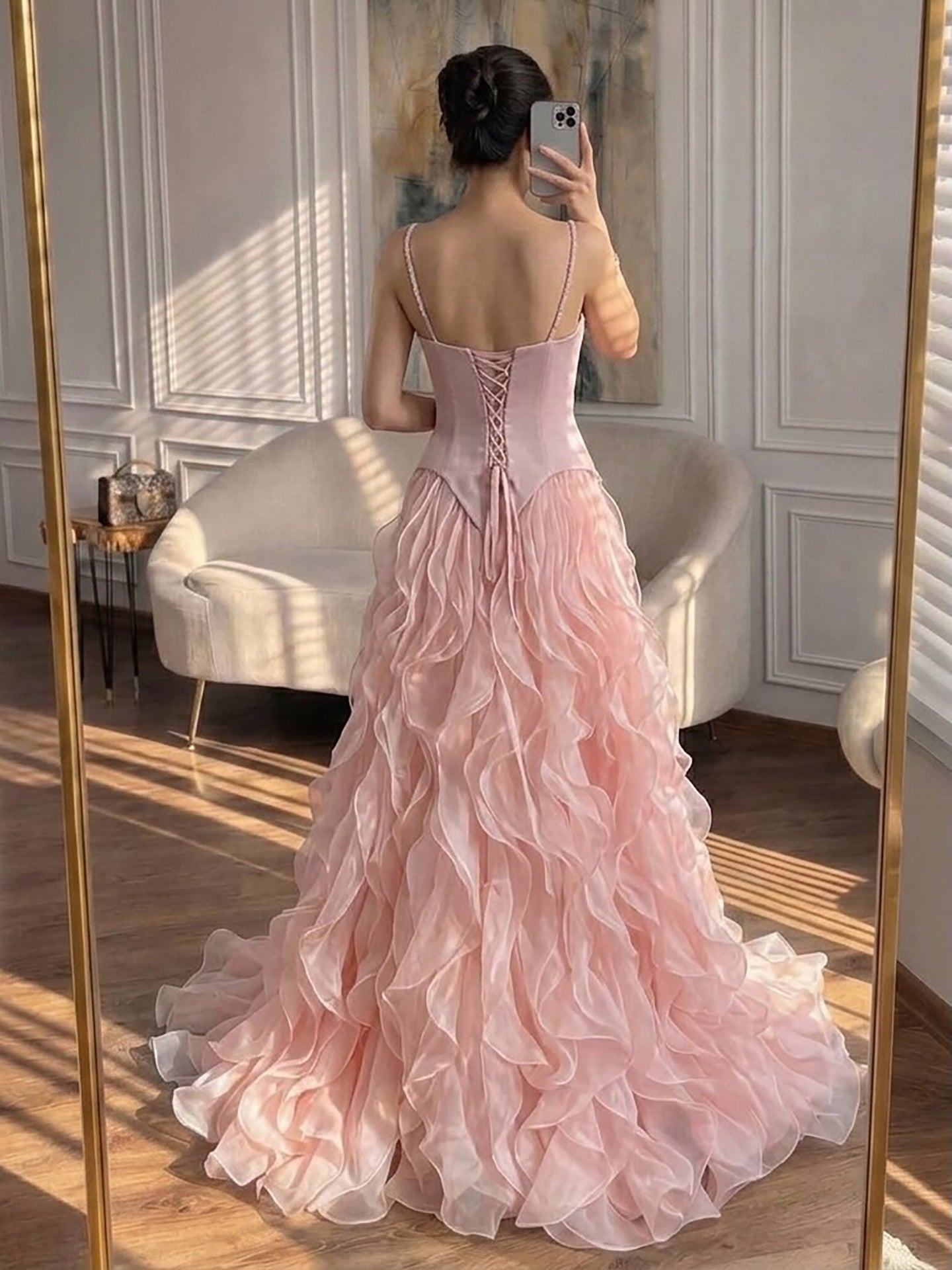 Elegant Pink Beaded Corset Ruffled Evening Gown with Slit LA73368B