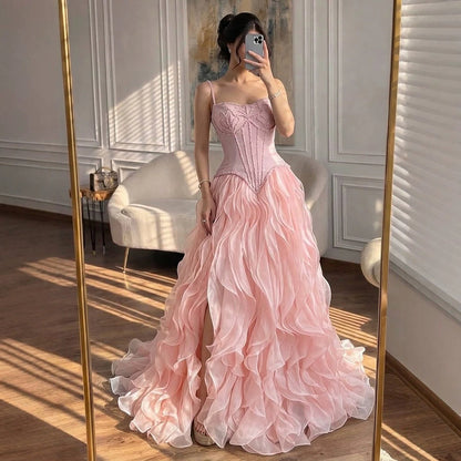 Elegant Pink Beaded Corset Ruffled Evening Gown with Slit LA73368B