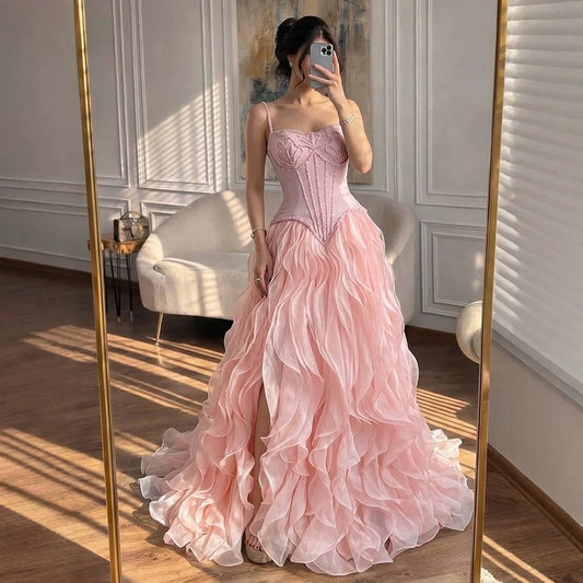 Elegant Pink Beaded Corset Ruffled Evening Gown with Slit LA73368B