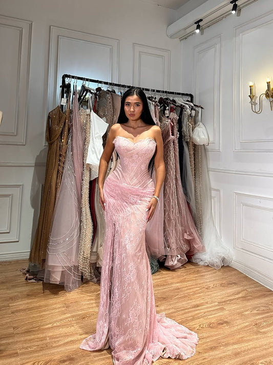 Pink Saudi Arabic Lace Embroidery Evening Dress LA73373