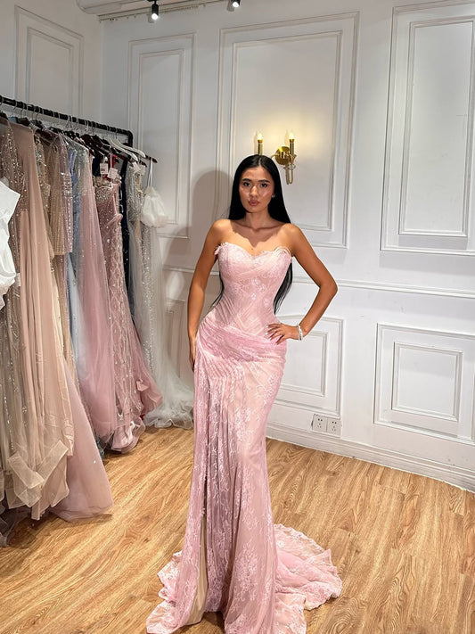 Pink Saudi Arabic Lace Embroidery Evening Dress LA73373
