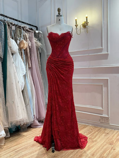 Luxury Pink Lace Corset Mermaid Slit Evening Dress LA73373A