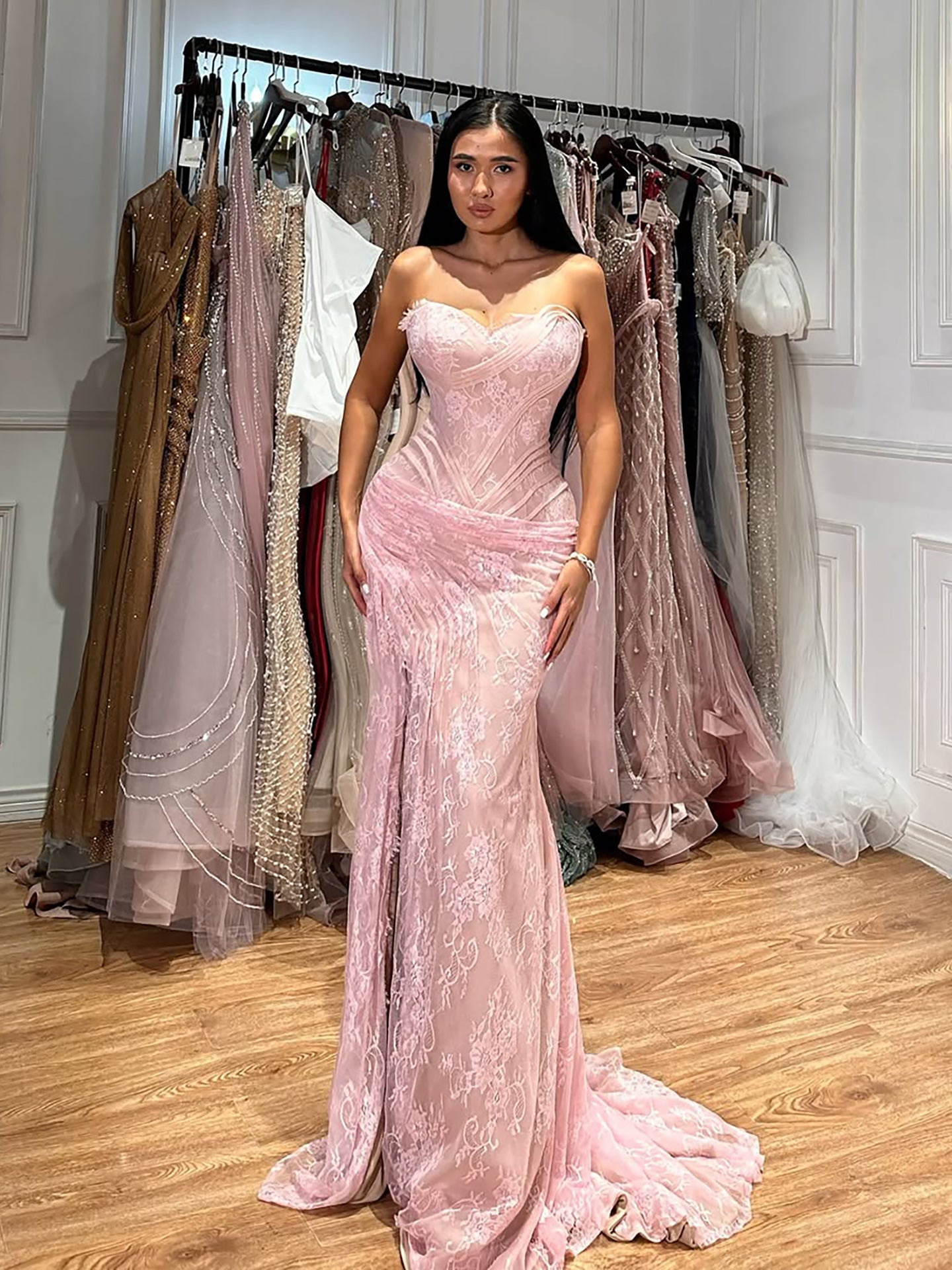 Luxury Pink Lace Corset Mermaid Slit Evening Dress LA73373A