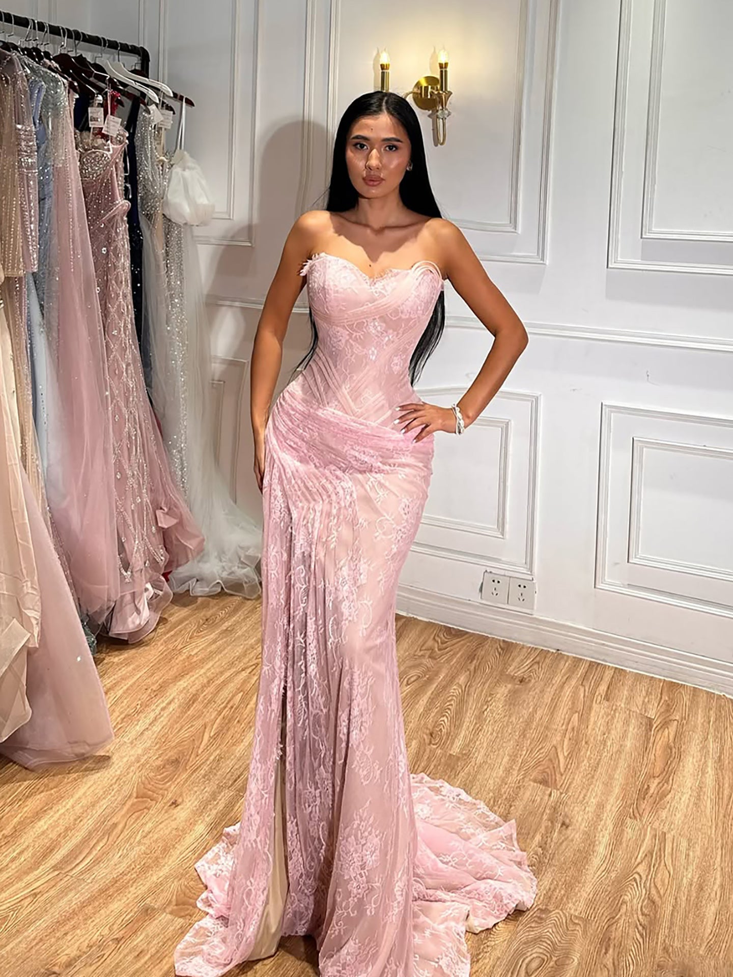 Luxury Pink Lace Corset Mermaid Slit Evening Dress LA73373A