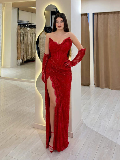 Luxury Pink Lace Corset Mermaid Slit Evening Dress LA73373A