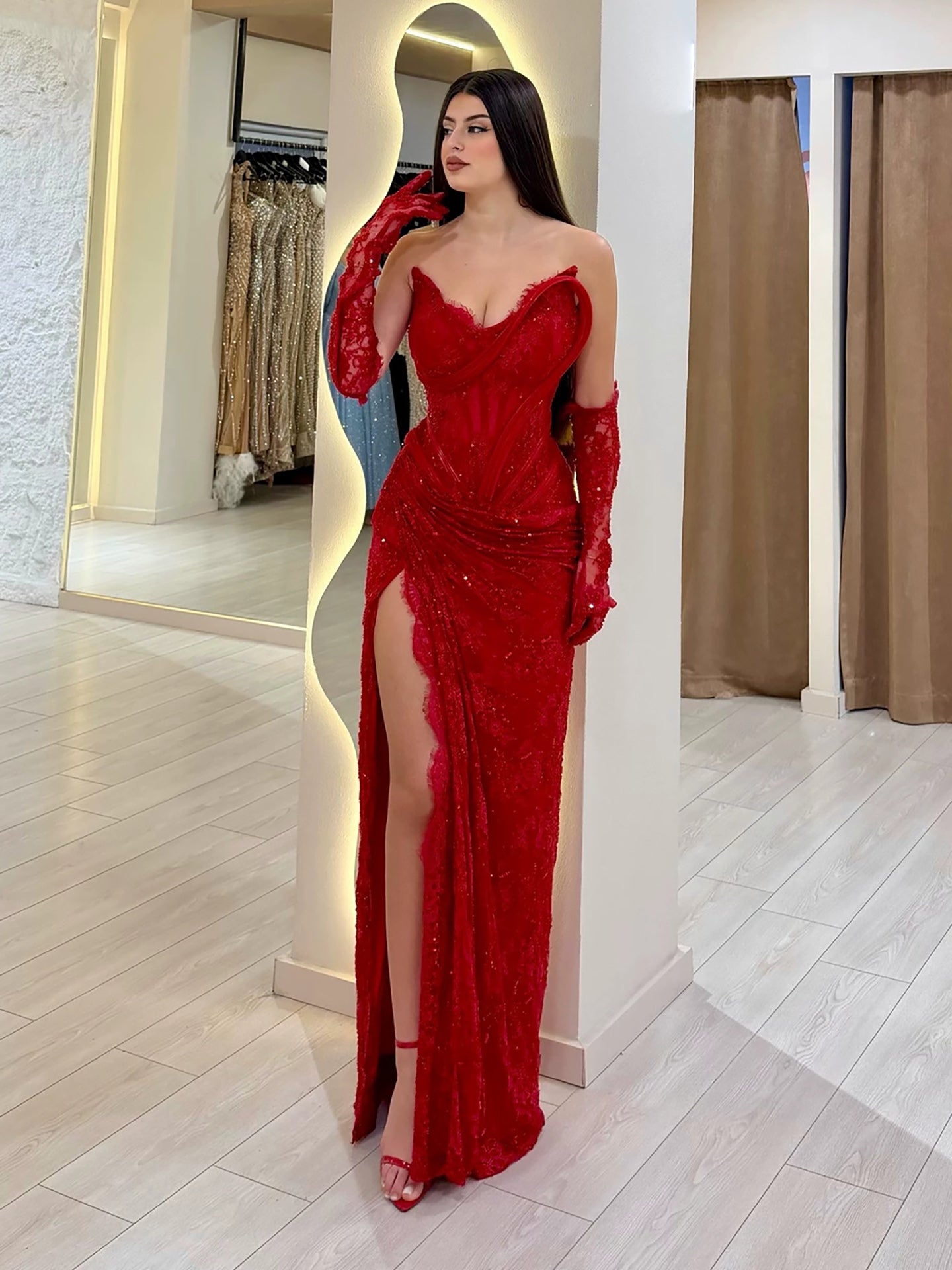 Luxury Pink Lace Corset Mermaid Slit Evening Dress LA73373A