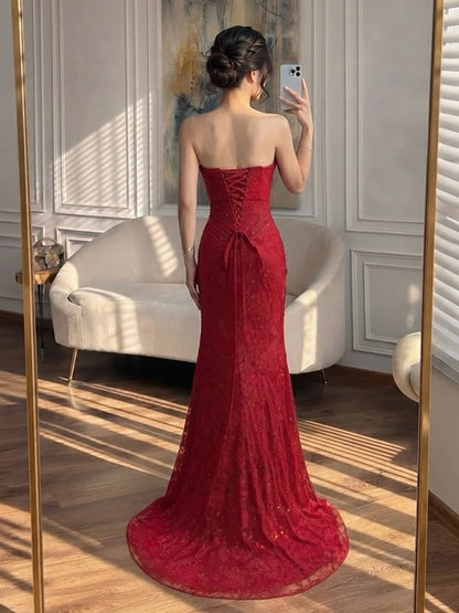 Luxury Pink Lace Corset Mermaid Slit Evening Dress LA73373A