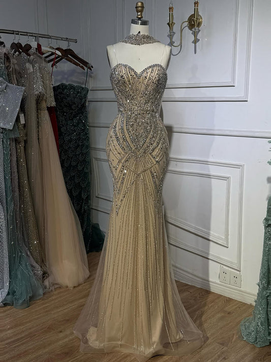 Silver Nude Beaded Strapless Mermaid Evening Dress LA73375
