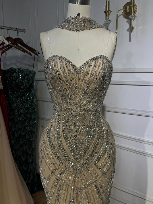 Silver Nude Beaded Strapless Mermaid Evening Dress LA73375